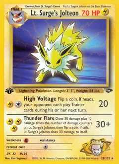 A picture of the Lt. Surge's Jolteon Pokemon card from Gym Challenge