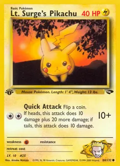 A picture of the Lt. Surge's Pikachu Pokemon card from Gym Challenge