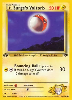 A picture of the Lt. Surge's Voltorb Pokemon card from Gym Challenge