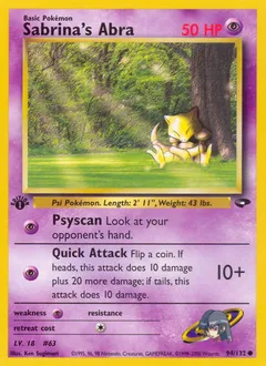 A picture of the Sabrina's Abra Pokemon card from Gym Challenge