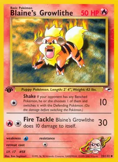 A picture of the Blaine's Growlithe Pokemon card from Gym Heroes