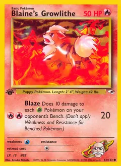 A picture of the Blaine's Growlithe Pokemon card from Gym Heroes