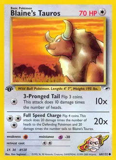 A picture of the Blaine's Tauros Pokemon card from Gym Heroes