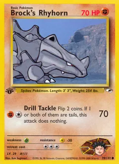 A picture of the Brock's Rhyhorn Pokemon card from Gym Heroes