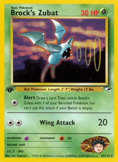 A picture of the Brock's Zubat Pokemon card from Gym Heroes