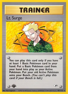 A picture of the Lt. Surge Pokemon card from Gym Heroes