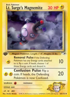 A picture of the Lt. Surge's Magnemite Pokemon card from Gym Heroes