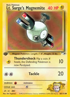 A picture of the Lt. Surge's Magnemite Pokemon card from Gym Heroes