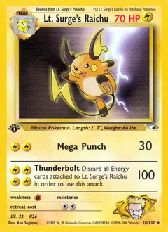 A picture of the Lt. Surge's Raichu Pokemon card from Gym Heroes