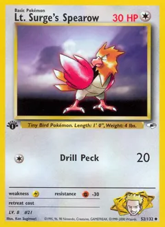 A picture of the Lt. Surge's Spearow Pokemon card from Gym Heroes