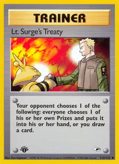 A picture of the Lt. Surge's Treaty Pokemon card from Gym Heroes