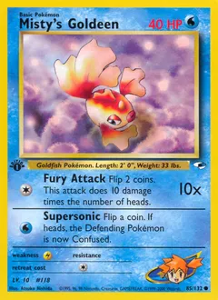 A picture of the Misty's Goldeen Pokemon card from Gym Heroes