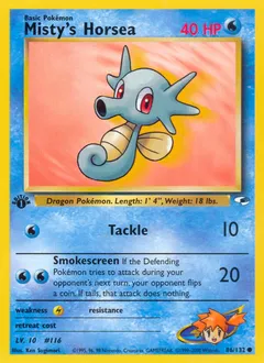 A picture of the Misty's Horsea Pokemon card from Gym Heroes