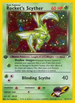 A picture of the Rocket's Scyther Pokemon card from Gym Heroes