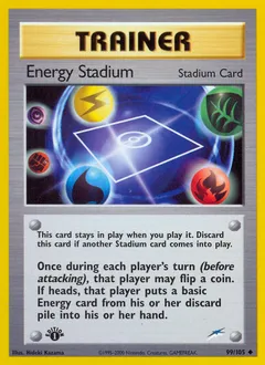 A picture of the Energy Stadium Pokemon card from Neo Destiny