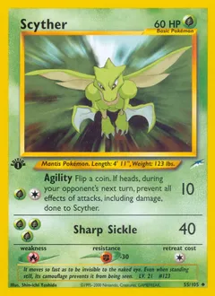 A picture of the Scyther Pokemon card from Neo Destiny