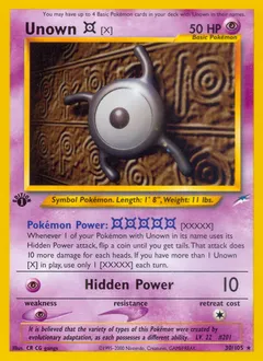 A picture of the Unown [X] Pokemon card from Neo Destiny