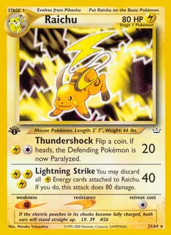 A picture of the Raichu Pokemon card from Neo Revelation